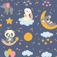 lindos animales durmientes buenas noches vector de patrones sin fisuras. cuerpos celestes, nubes, estrellas, luna, panda, elefante, conejo y koala. textura de vivero, tarjeta, impresión infantil, baby shower.