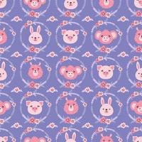 Cute kawaii pink pig, monkey, hare, lama face head and flower wreath vector seamless pattern. Farm animal flat cartoon texture for nursery, card, poster, fabric, textile.