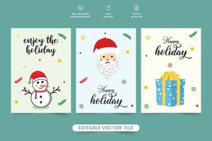Holiday greeting card bundle design with A snowman and Santa face. Christmas gift card collection with beautiful calligraphy and decoration elements. Xmas invitation card design with a blue gift. vector