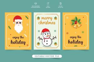 diseño de tarjeta de invitación de fiesta navideña con fondo amarillo y blanco. vector de plantilla de tarjeta de deseo de navidad corporativa y año nuevo. diseño de tarjeta de felicitación de feliz navidad con santa y muñeco de nieve.