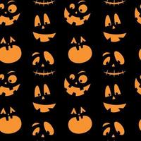 Seamless pattern with orange emotions halloween pumpkins on a black background. Funny faces for scrapbook digital paper, textile print, page fill. Vector illustration