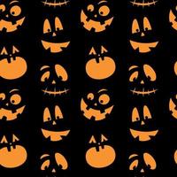 Seamless pattern with orange emotions halloween pumpkins on a black background. Funny faces for scrapbook digital paper, textile print, page fill. Vector illustration