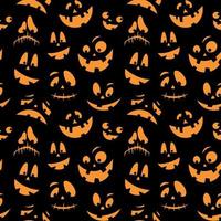 Seamless pattern with orange emotions halloween pumpkins on a black background. Funny faces for scrapbook digital paper, textile print, page fill. Vector illustration