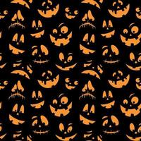 Seamless pattern with orange emotions halloween pumpkins on a black background. Funny faces for scrapbook digital paper, textile print, page fill. Vector illustration