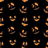 Seamless pattern with orange emotions halloween pumpkins on a black background. Funny faces for scrapbook digital paper, textile print, page fill. Vector illustration