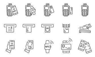 pago inalámbrico de tecnología nfc en conjunto de iconos de línea de terminal. transacción de pago pos por teléfono móvil, reloj inteligente, pictograma de tarjeta de crédito. retiro de dinero en cajero automático. trazo editable. ilustración vectorial aislada. vector