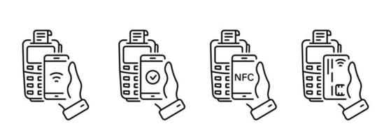 Cashless Payment Transaction with NFC Technology Line Icon. POS Pay Processing Pictogram. Smartphone, Credit Card Payment Process on Terminal Icon Set. Editable Stroke. Isolated Vector Illustration.