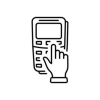 Entry Pin Code on Terminal Keyboard Outline Icon. Hand Enter Password on Pos for Payment Line Icon. Security Bank Key Number for Pay Linear Pictogram. Editable Stroke. Isolated Vector Illustration.