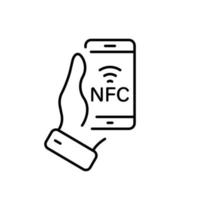 sostenga el icono de la línea de pago sin contacto del teléfono inteligente. tecnología nfc en pictograma lineal de pago de dinero de teléfono móvil. icono de contorno de onda de pago digital de teléfono móvil. trazo editable. ilustración vectorial aislada. vector