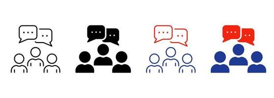 silueta de personas de la red comunitaria e icono de línea. pictograma de trabajo en equipo de grupo social. icono de burbuja de voz de comunicación de persona de trabajo en equipo de negocios. trazo editable. ilustración vectorial aislada. vector