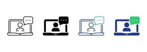 Video Conference on Laptop Silhouette and Line Icon. Online Web Business Chat on Computer Pictogram. Virtual Communication Meeting Work from Home Icon. Editable Stroke. Isolated Vector Illustration.