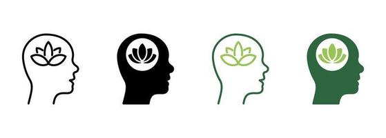 Lotus Brain Wellbeing Concept Silhouette and Line Icon. Wellbeing Peace, Mental Healthy Wellness Pictogram. Meditation Yoga Symbol. Flower Nature Creativity. Editable Stroke. Vector Illustration.