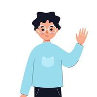 Child boy saying hello and waving with hand. Concept of online preschool education, communication, charity. Vector flat illustration.