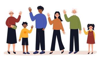 People in full growth of different ages saying hello and waving with hand. Concept of smb, society, communication, relationships. Vector flat illustration.