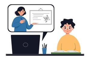 Schoolboy studying online with tutor, woman teacher. Online classes, back to school, courses, online education business concept. Vector illustration.