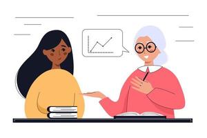 Schoolgirl studying online with tutor, elderly woman teacher. Classes, back to school, courses, education business concept. Vector illustration.