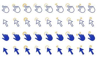Cursor Computer Pointer Line and Silhouette Icon Set. Internet Website App Press Tap Link Choice Button Interface. Arrow and Hand with Finger Digital Mouse Click. Isolated Vector Illustration.