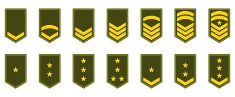 Military Badge Insignia Green Symbol. Army Rank Icon. Chevron Yellow Star and Stripes Logo. Soldier Sergeant, Major, Officer, General, Lieutenant, Colonel Emblem. Isolated Vector Illustration.