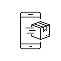 E-Business Delivery Service in Smartphone Line Icon. Online Shopping Order Parcel Box in Cellphone Linear Pictogram. Store in Mobile Phone Outline Icon. Editable Stroke. Isolated Vector Illustration.