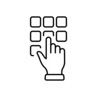 Hand Enter Password on Dial Keypad Line Icon. Security Bank Key Number on ATM Button Linear Pictogram. Finger Entry Pin Code on Keyboard Outline Icon. Editable Stroke. Isolated Vector Illustration.