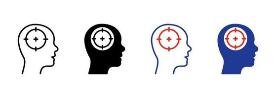 Human Head Target Silhouette and Line Icon. Marketing Sociology Focus Goal on Customer Mind Pictogram. Centric Aim Destination Icon. Cognitive Knowledge. Editable Stroke. Isolated Vector Illustration.