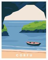 corfu greece landscape background. cartoon vector illustration with colored style.
