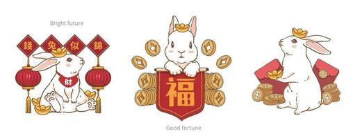 el lindo conejo con las coplas rojas de la primavera dice bendiciones y el tigre de la suerte da la bienvenida a la primavera para celebrar el año nuevo chino y el año nuevo lunar vector