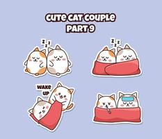 Set of cute kawaii couple little cat for social media sticker emoji sleep sick and wake up emoticon vector