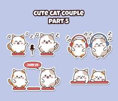 conjunto de linda pareja kawaii gatito para pegatina de redes sociales emoji cantando con auriculares y micrófono únete a nosotros siéntete aburrido o triste emoticono vector