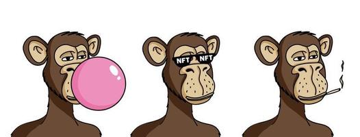 Bored ape NFT isolated on white background. Non fungible token blockchain monkey vector illustration