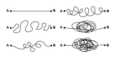 Hard, medium and easy way solution concept illustrated by tangled and straight lines. Complicated and simple path decision. vector