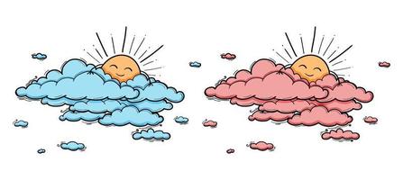 Sun and Cloud kids drawing for nursery in cartoon outline style. Boy and girl blue or pink vector illustration isolated