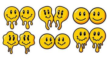 Melting smile vintage illustration. Retro psychedelic melt smile face logo. Dripping smile. Good mood. Positive emoji sticker. Vector groovy emoji face.