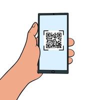 Hand holding a mobile phone with QR code on the screen. QR code scanning  in smartphone. Barcode scanner for pay, web, app, promo. vector