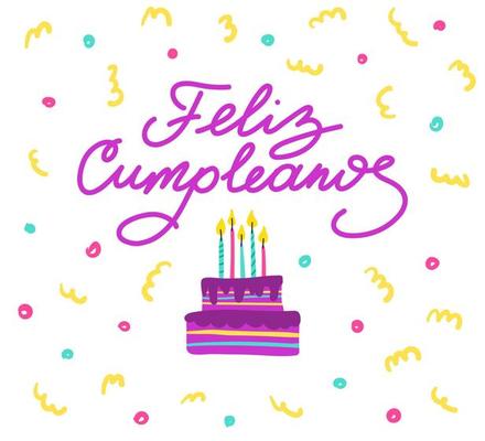 Feliz cumpleanos lettering on birthday with cake and cute curlicues