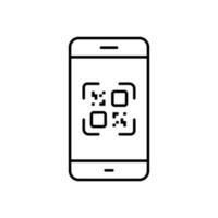 Payment with QR Code on Smartphone Line Icon. Square QRcode on Mobile Phone App Linear Pictogram. Scanner Application for Barcode Outline Icon. Editable Stroke. Isolated Vector Illustration.