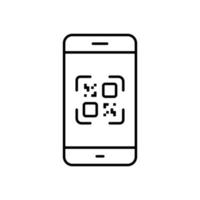 Payment with QR Code on Smartphone Line Icon. Square QRcode on Mobile Phone App Linear Pictogram. Scanner Application for Barcode Outline Icon. Editable Stroke. Isolated Vector Illustration.