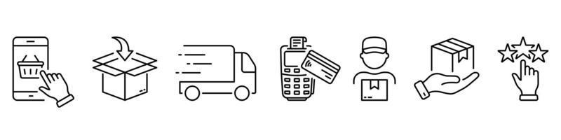 Delivery Process Line Icon. Shipping Product Guide Linear Pictogram. Delivery Flow Mobile Phone Order Package Truck Courier Payment Rating Outline Icon. Editable Stroke. Isolated Vector Illustration.