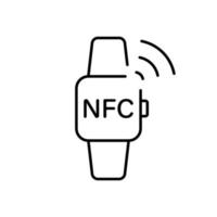 NFC Payment Smart Watch Outline Icon. Smartwatch with NFC Technology Wireless Purchase Watch Line Icon. Hand Bracelet Pos Cashless Pay Pictogram. Editable Stroke. Isolated Vector Illustration.