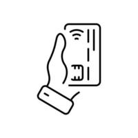 Credit Debit Card Customer Pay for Electronic Purchase Line Icon. Hand Hold Credit Card Linear Pictogram. Payment Bank Financial Business Outline Icon. Editable Stroke. Isolated Vector Illustration.