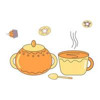 a sugar bowl and a spoon with a cup of delicious fragrant tea vector