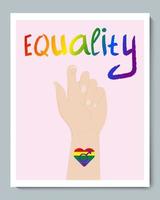 White Hand with Rainbow Gender LGBT Heart Symbol and Doole Texture Inscription Equality vector