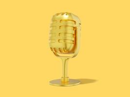 Retro Microphone. Minimalist cartoon. Gold icon on yellow background. 3D rendering. photo