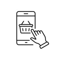 Online Shop in Mobile App Line Icon. Sale Basket and Cellphone Linear Pictogram. Smartphone and Shopping Cart Outline Icon. Digital Shop in Smart Phone. Editable Stroke. Isolated Vector Illustration.