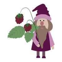 Dwarf characters. Cute, funny gnomes with a beard. Little men with twigs, berries and raspberry leaves.  Vector illustration.