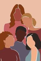 The girl's friends hug. Abstract portrait of girls. A modern poster with a group of women of different appearance and nationality. The concept of equality, rights. Vector graphics.