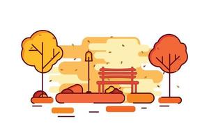 Autumn trees in a park with a bench and lamp post fall scene background vector