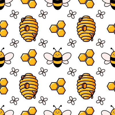 Cute honey bee seamless pattern. Vector doodle cartoon beehive, flowers and honeycombs illustration digital paper isolated on white background perfect for kids fabric