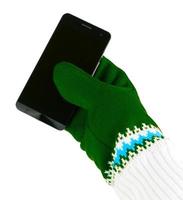 cellphone with white-green mittens isolated on white background photo