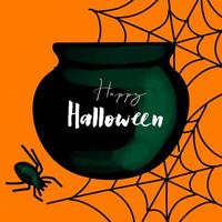 Happy Halloween illustration with magic pot and spider on orange background vector